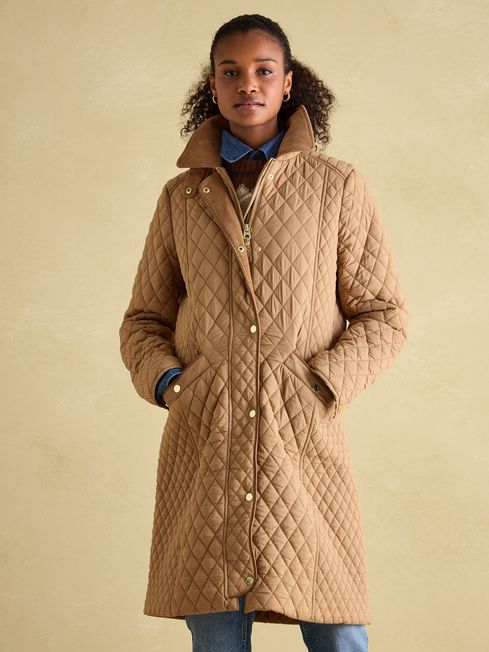 Rosewell Tan Brown Showerproof Longline Diamond Quilted Coat