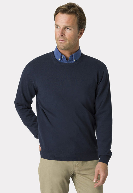 Devon Navy Cotton Merino Crew Neck Jumper