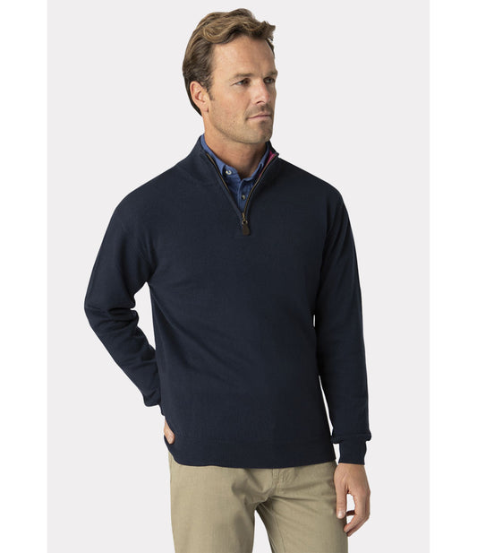 Sussex Navy Cotton Merino Zip Neck Jumper