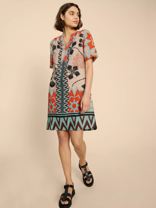 June Linen Printed Notch Neck Dress