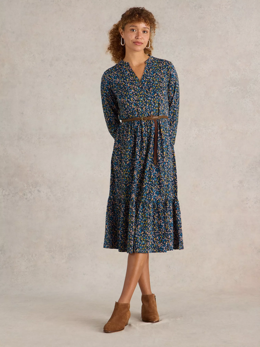 Naya Tiered Jersey Dress Navy Print