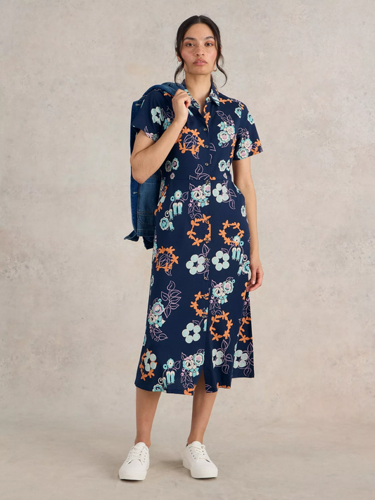 Rua Jersey Shirt Midi Dress Navy Print