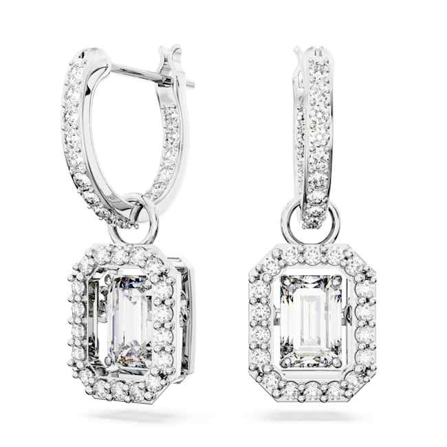 Una drop earrings, Octagon cut, White, Rhodium plated