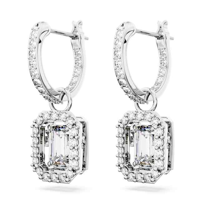 Una drop earrings, Octagon cut, White, Rhodium plated