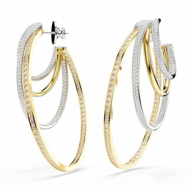 Hyperbola Hoop Earrings, Mixed Cuts, Large, White, Mixed metal finish