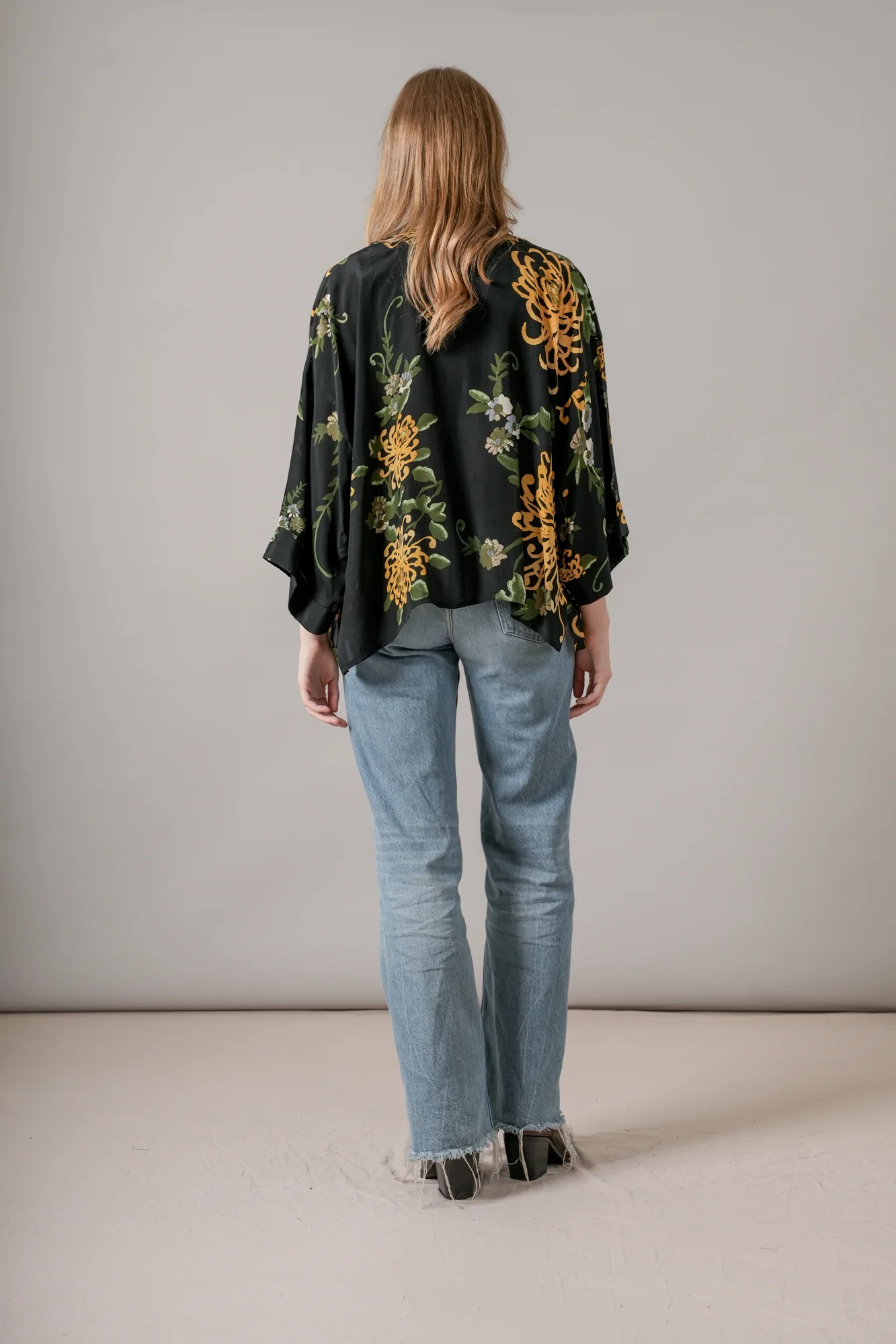 Chrysanthemum Black Crepe Kimono