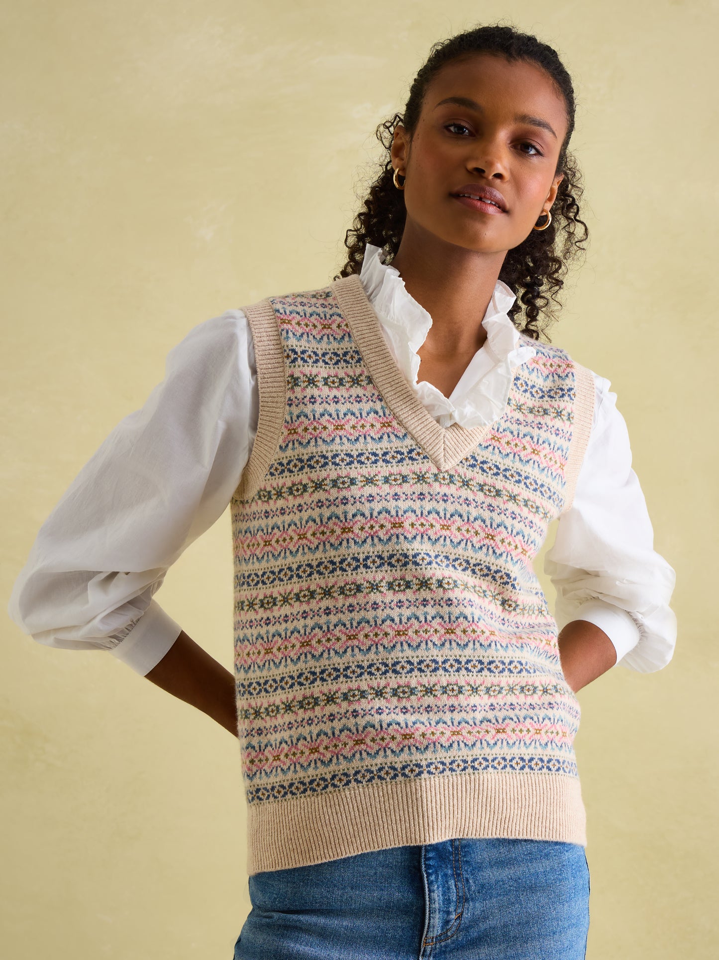 Islay Oatmeal V Neck Fair Isle Knitted Vest