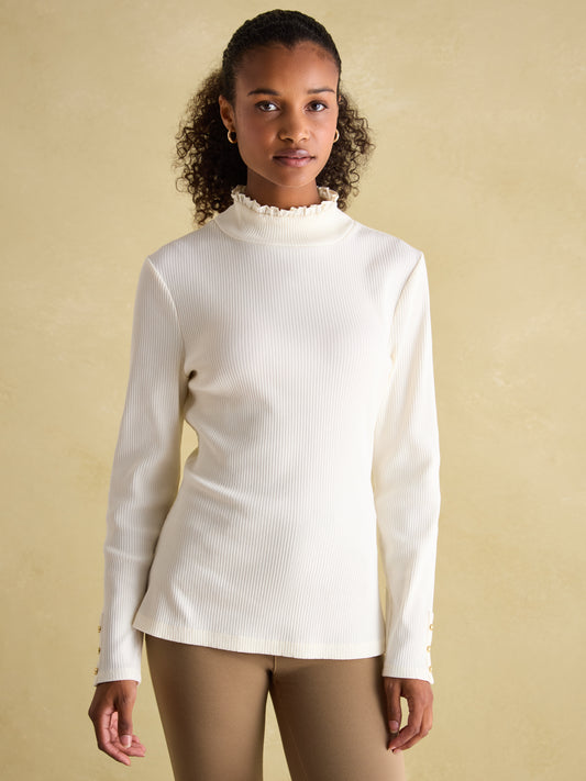 Amy Cream Ribbed Long Sleeve High Neck Jersey Top