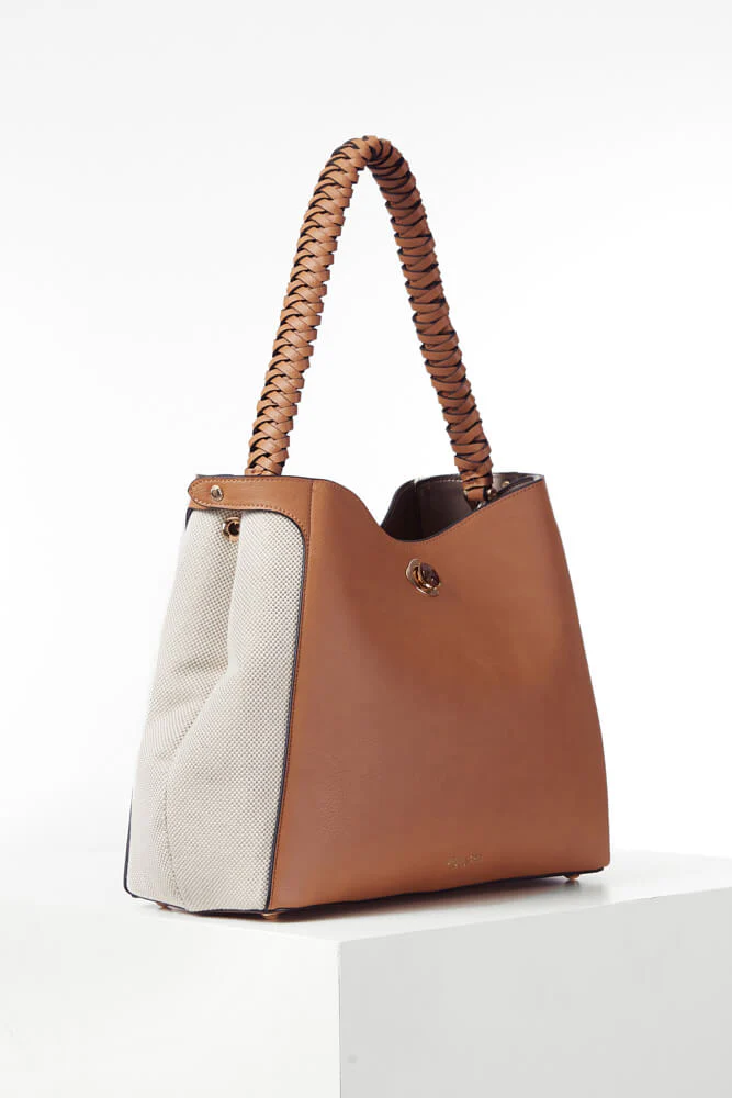 Adriana Camel Woven Handle Hobo