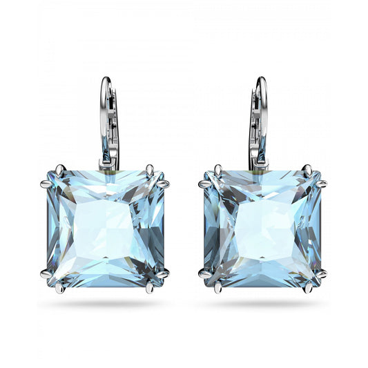 Millenia Square Cut Drop Earrings, Blue, Rhodium Plated