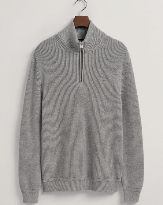 Cotton and Lambswool Half Zip Ribbed Jumper