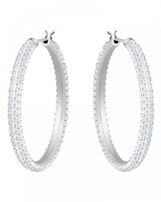 Stone Pierced Hooped Earrings in Clear Crystal and Rhodium Plate